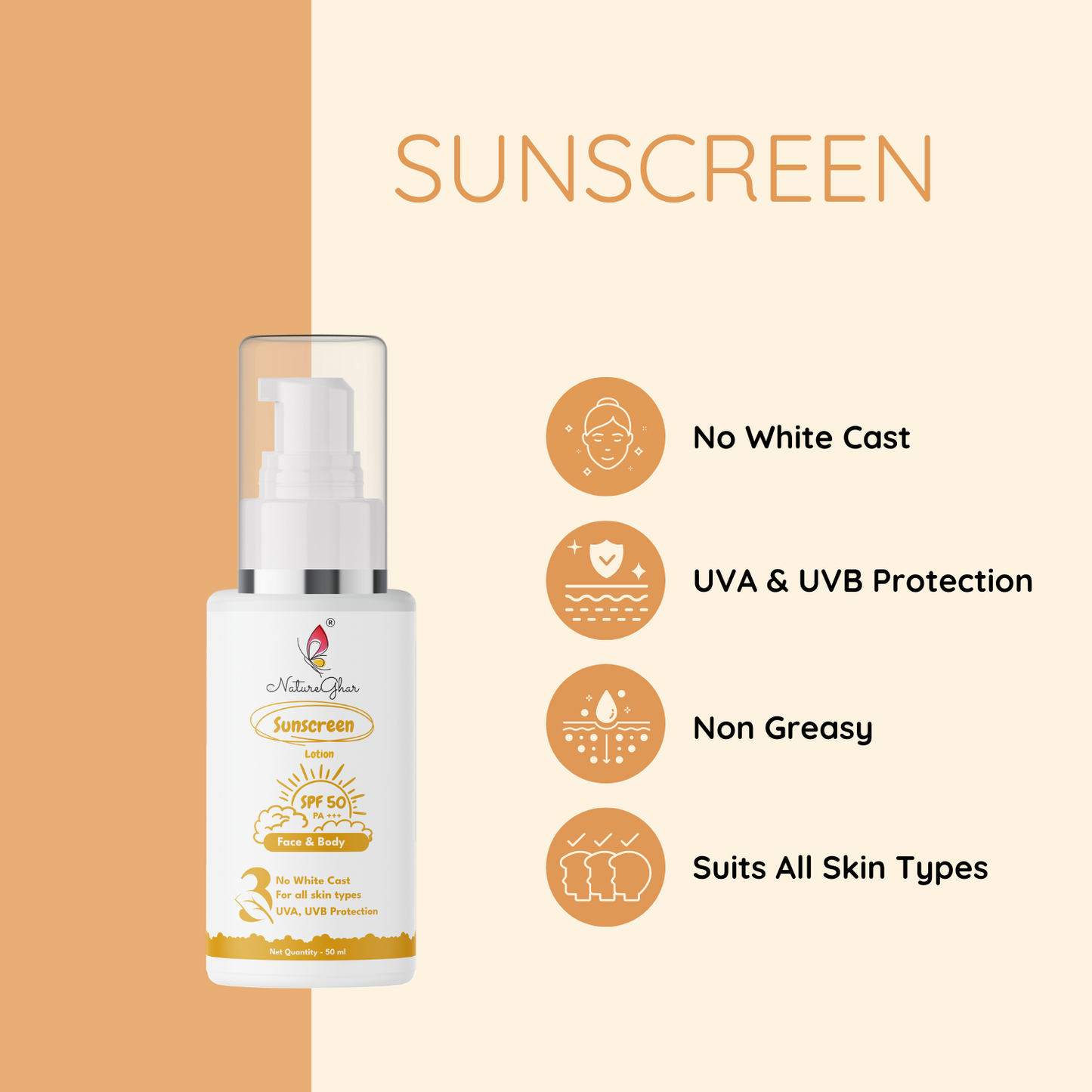 NatureGhar Sunscreen For Perfect Sun Protection with SPF 50 - All Skin Types | Leaves No White Cast | Feels Very light on Skin
