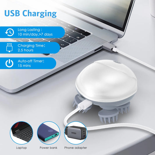 Rechargeable Scalp & Head Massager – Improve Blood Flow, Reduce Stress & Headaches Naturally, Promote Sleep & Hair Growth | 96 Silicon Kneading Points Detachable Head & Waterproof