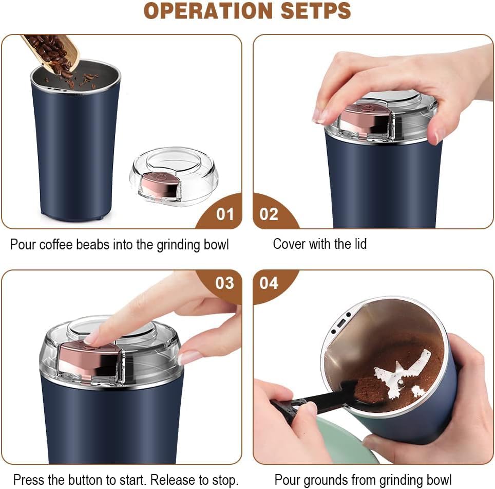 Portable Grinder with Powerful Stainless Steel Blades – One-Touch Quick Grinding for Masala, Spices, Nuts, Grains & Coffee