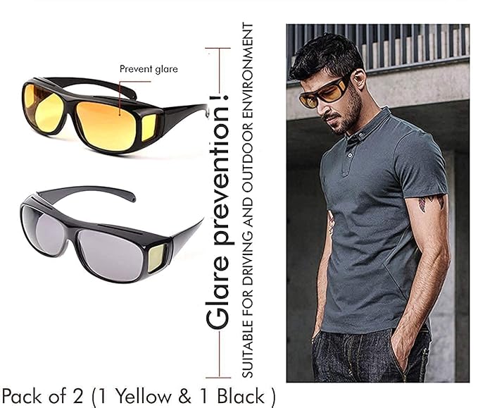 HD Vision Day & Night Unisex Goggles - Anti-Glare, Polarized Sunglasses for Men & Women as Driving Glasses UV Protection for all Bikes & Cars - Pack of 2 Googles