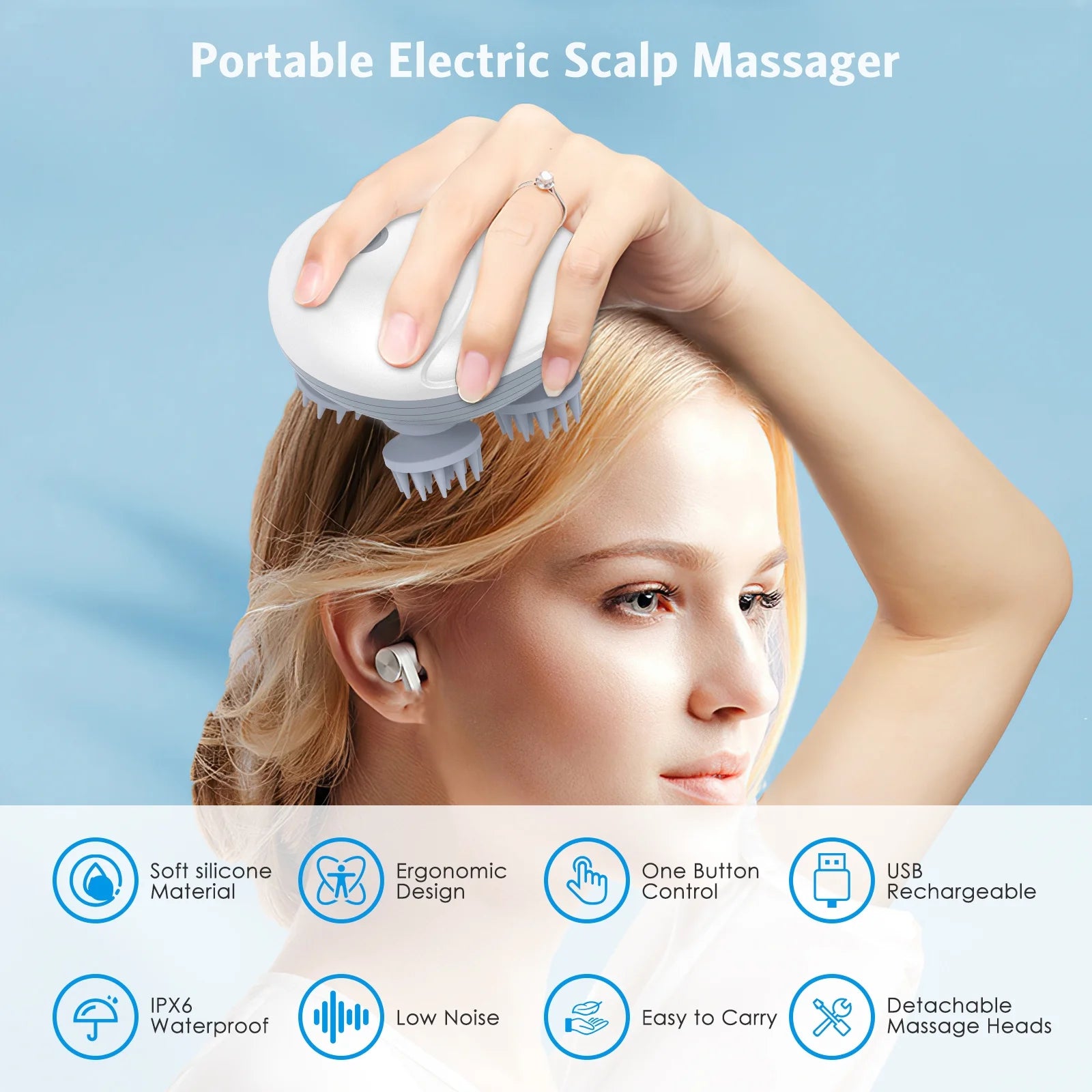 Rechargeable Scalp & Head Massager – Improve Blood Flow, Reduce Stress & Headaches Naturally, Promote Sleep & Hair Growth | 96 Silicon Kneading Points Detachable Head & Waterproof