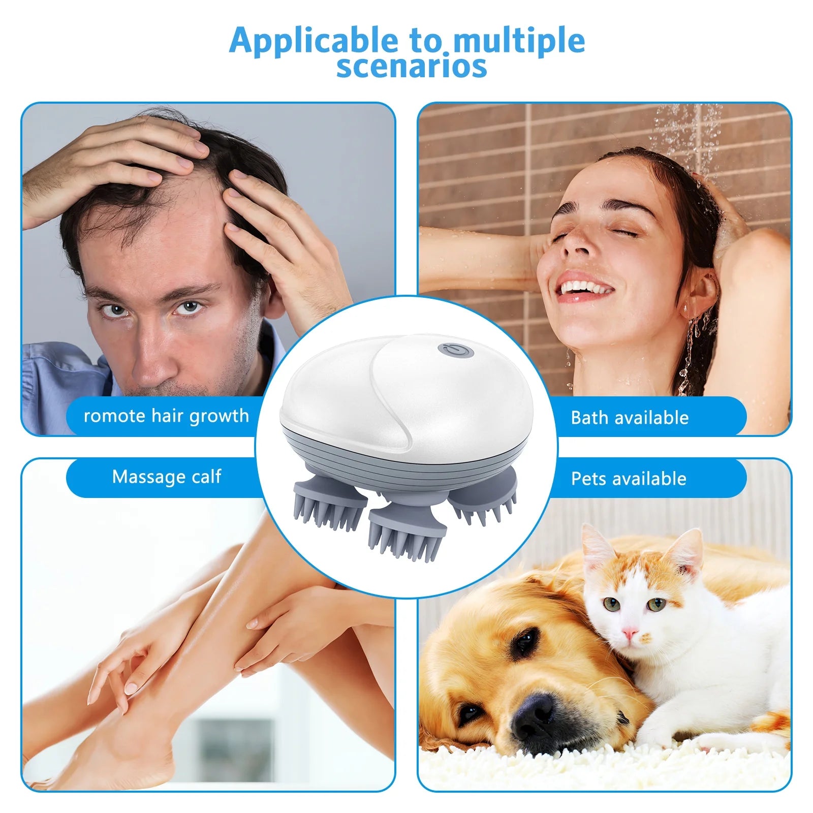 Rechargeable Scalp & Head Massager – Improve Blood Flow, Reduce Stress & Headaches Naturally, Promote Sleep & Hair Growth | 96 Silicon Kneading Points Detachable Head & Waterproof