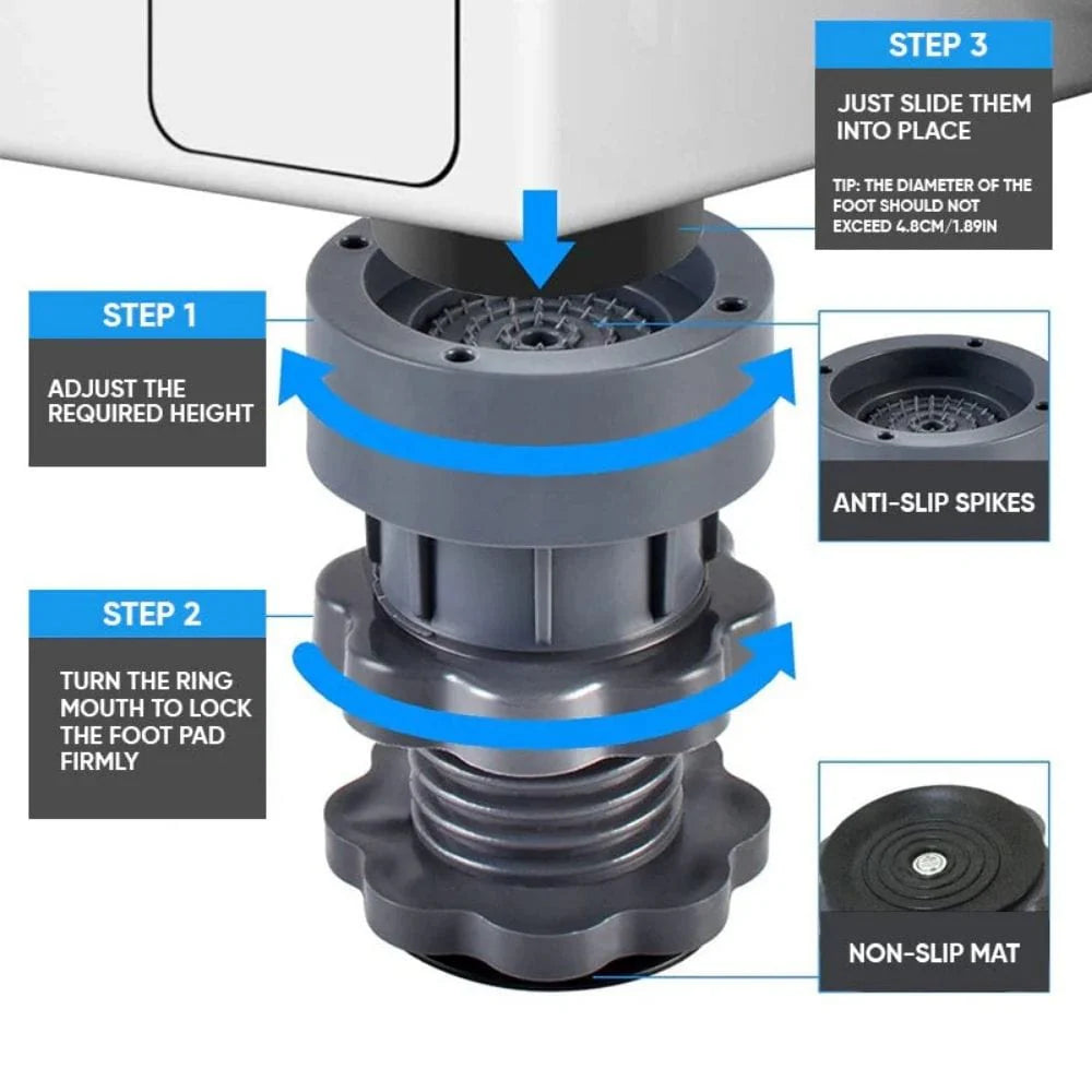 Washing Machine Vibration Pads - Adjustable Dryer Shock & Noise Cancelling Pads, Anti Vibration Pads for Washing Machine Support, Height Adjustment Feet for Refrigerators (4 Pcs Set)